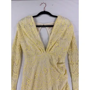 Reverse Australia Yellow Lace Long Sleeve Mini Dress V-Neck Open Back Sz Med NEW thumbnail 4