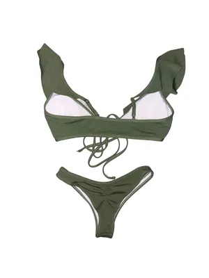 Zaful Army Green Ribbed Ruffle Bikini Set thumbnail 2