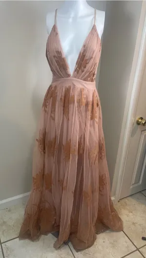 Luxxel Dusty Rose and Tan Floral Tulle Prom Dress thumbnail 1