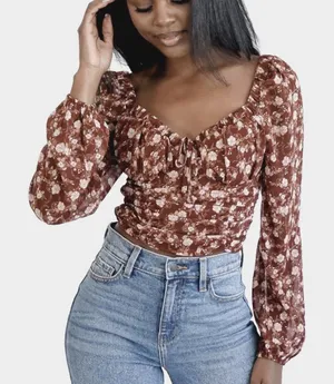 LE LIS Peasant Top Blouse Size L Brown Dark Floral Crop Boho Cottage Milkmaid thumbnail 1