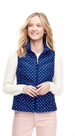 LANDS END 600 DOWN Women Navy Polka Dot Hyperdry‎ Allied Zip Puffer Vest Sz M thumbnail 1