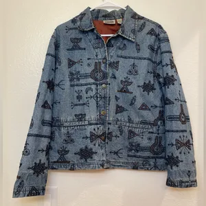 Vintage Chico’s Design‎ 90s Boho Embroidered & Beaded Blue Denim Jacket Size M thumbnail 1