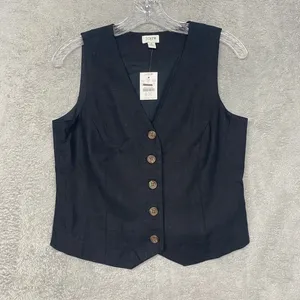 J Crew Top Womens 2 Black Linen Blend Vest‎ Sleeveless Button Up Classic CI309 thumbnail 3