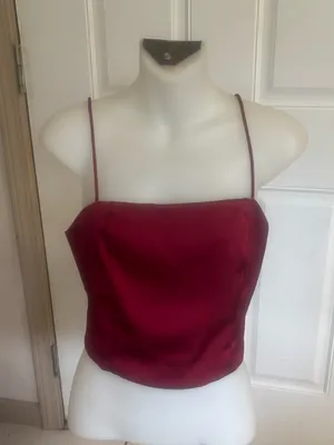 Le Lis Med Burgundy Satin Corset smocked back Spaghetti strap Crop Top thumbnail 1