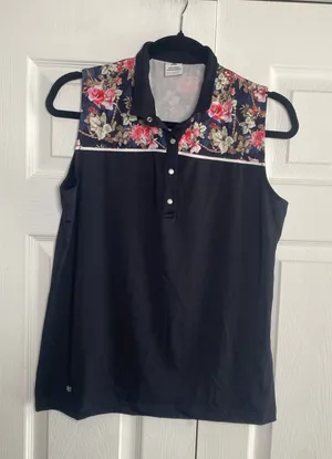 Daily Sports Womens Large Black Floral Sleeveless Golf Tennis Top Pearl Snap‎ thumbnail 1