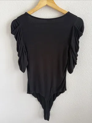 Free People Intimately Black Scoop Neck Puff Sleeve Bodysuit Women's Medium thumbnail 2