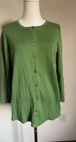 LOFT Green Button-Front Crewneck Cardigan thumbnail 1