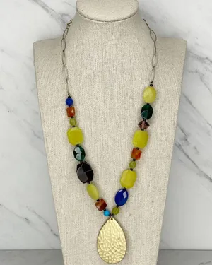 Chicos Colorful Beaded Gold Tone Hammered Teardrop Pendant Necklace ✨ thumbnail 1