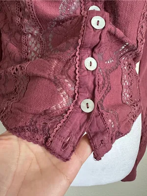 FREE PEOPLE Jae Knit Sheer Lace Long Sleeve Top Cardigan Cropped Y2K Boho XS thumbnail 11