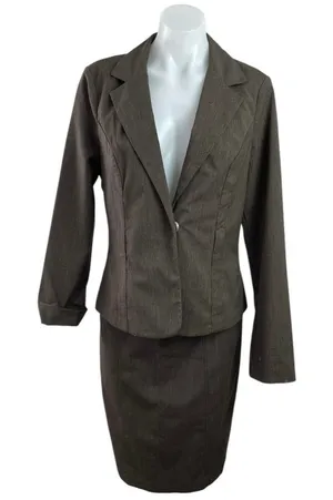 BCX Brown Long Sleeve Notch Lapel Blazer Coat Jacket Pencil Skirt Suit Set Sz L thumbnail 1