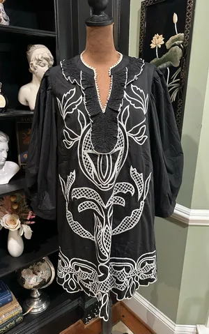 Entro Embroidered Puff‑Sleeve Dress – Size Large thumbnail 1