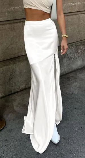 Commense Satin Patchwork Split Maxi Skirt size small White thumbnail 1