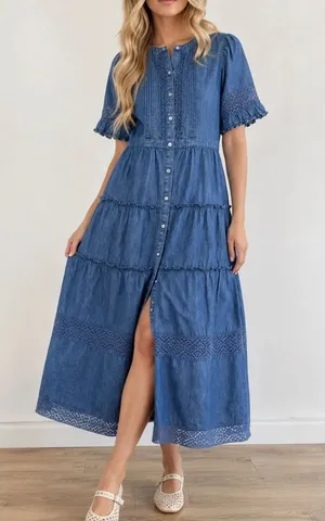 Gap × LoveShackFancy Denim Tiered Midi Dress with lace and ruffle detail sz. S thumbnail 1