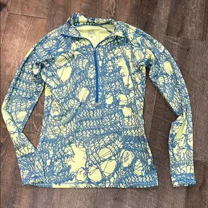 NIKE Pro Half Zip Pullover Womens‎ Medium Yellow Blue Lace Hyperwarm Long Sleeve thumbnail 1