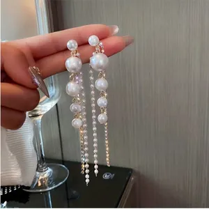 Faux Pearl Shiny Rhinestone Chain Tassel Design Dangle‎ Earrings Elegant Fashion thumbnail 12