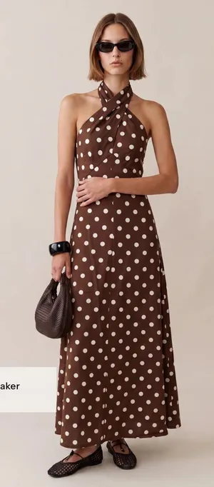 NWT few moda noelle dress size Medium M brown polka dot halter maxi o.p.t linen thumbnail 1