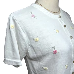 Vintage White Floral Embroidered Short Sleeve Cardigan Sweater Cottagecore Small thumbnail 6