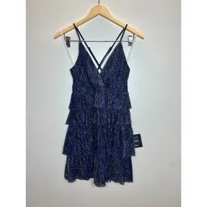Lulus Tiered Mini Dress Womens Size Medium Blue Silver Metallic Pleated Cocktail thumbnail 4