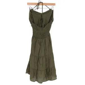 Maxi Dress Womens Large Olive Green Tiered Smocked Back Pleated Halter Neck thumbnail 4