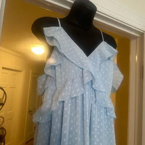 CHELSEA 28 Light Blue Ruffle Neck Spaghetti Strap MIDI Dress size Medium EUC thumbnail 10
