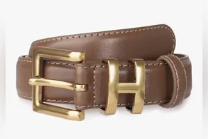 NEW Brown Classic Metal Buckle Vegan Leather Belt L thumbnail 1