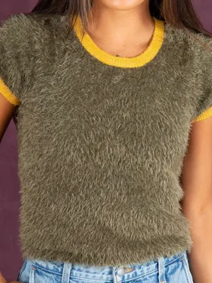 Natural Life Edie Eyelash Short Sleeve Sweater In Olive thumbnail 1