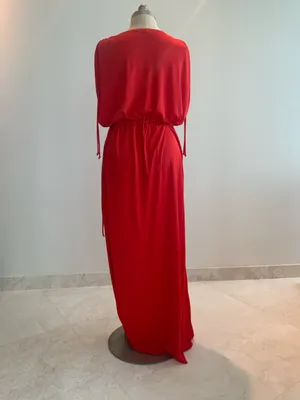 Vtg Bold Red Gathered-Waist Maxi Dress sz Sm-Med thumbnail 3