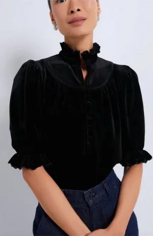 NWT Tuckernuck Pomander Place black velvet ruffle blouse thumbnail 1