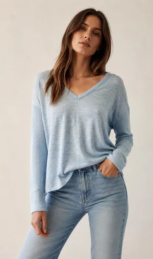 Rag & Bone Light Blue Heathered V-Neck Ribbed Long Sleeve Top Small thumbnail 1