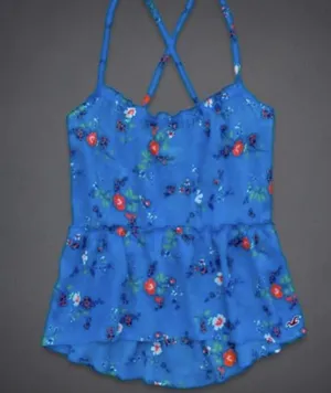 Hollister Y2K Blue Boho Floral Ruffle Cami Babydoll Tank Top thumbnail 3