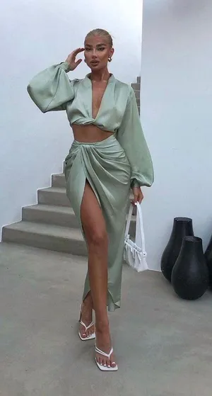 House Of CB TOSCA SAGE SILKY SATIN PLUNGE BLOUSON TOP & CONSTANCE SAGE SILKY SATIN DRAPED SKIRT set in sage thumbnail 2
