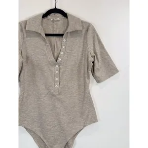 Reformation Womens Bodysuit Beige Rita Ribbed High Leg Button Down Henley XL thumbnail 6