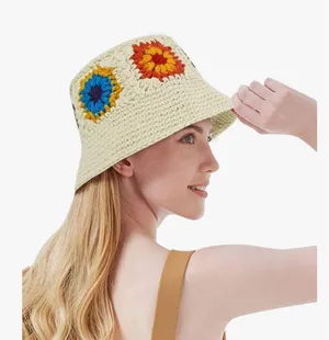 Knit floral bucket hat Tan thumbnail 1