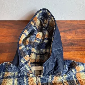 Altard State Plaid Sherpa Fleece Cropped Hooded Jacket Women's Small Navy Orange thumbnail 4