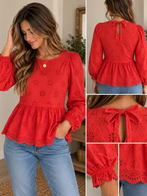 Madewell Red Eyelet Peplum Blouse thumbnail 2