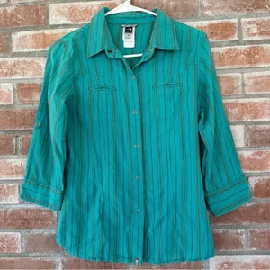 North Face Snap Up Cotton Shirt Women’s Small Turquoise Western Roll Tab Gorp thumbnail 1