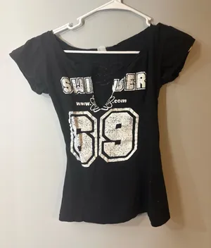 2000s Y2K Swindler 69 Lace‎ Up Baby Tee Black Graphic Top Size S thumbnail 1