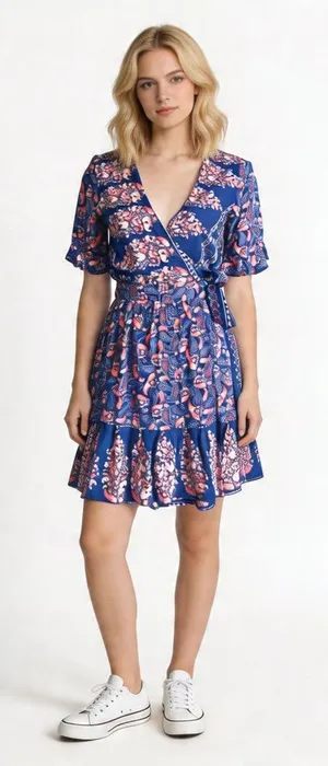 DEBBIE DABBIE | Blue & Pink Floral Print Wrap Mini Dress Sz 8 thumbnail 1