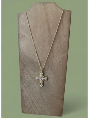Gold-Tone Cross Pendant Necklace with Pink Center Stone thumbnail 2