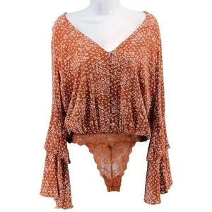 Free People Orange Ditsy Floral Lace Bell Sleeve Bodysuit Feminine Festival S thumbnail 3