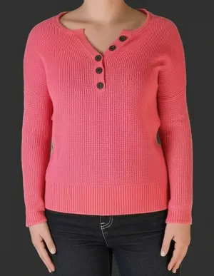 American‎ Eagle Womens Waffle Knit Henley Top Size M Pink Coral Button Front thumbnail 1