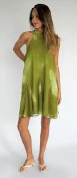 97% silk High-Neck Olive Green Satin Mini Dress 1211 thumbnail 1