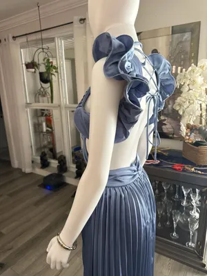 Pleated Satin Cut-Out Maxi Dress in Steel Blue thumbnail 3