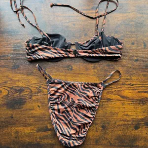 Pacsun set: Delilah Zebra Buttercup High Cut Bikini Bottom + ruched swim top set thumbnail 4