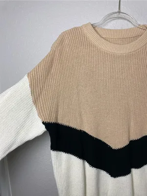 Neutral Colorblock Chevron Crewneck Sweater - Beige, Black & White Size L thumbnail 2
