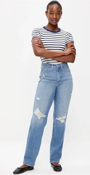 Old Navy Light Blue Straight-Leg Jeans with Distressed Knees thumbnail 1