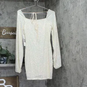 NWT Emerald Sundae Sequin Blouson-Sleeve Bodycon Mini Dress Cream Off White M thumbnail 5