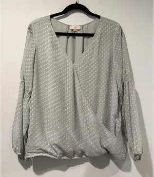 Loft Top Womens Medium Mint Green Swiss Dot Polka Dot Faux Wrap Work Office thumbnail 1