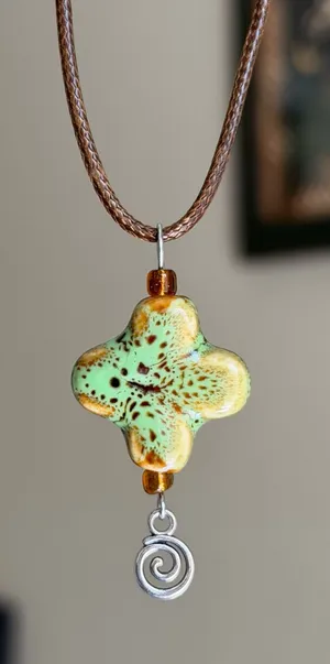 Handmade chunky flower cross ceramic bead cute fairy boho retro necklace🤎 thumbnail 2