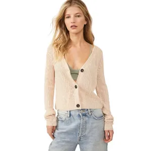 Free People Game On Button Front Cardigan in White Swan thumbnail 6